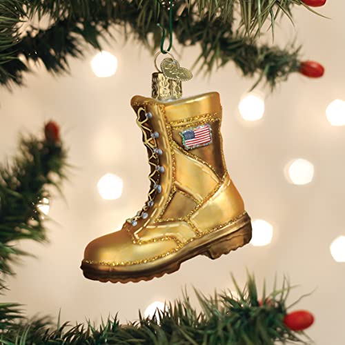 Military Boot Glass Ornament - Gold Combat Boot with Flag Patch, Handcrafted Holiday Decoration, 3 x 2.75 Inches
