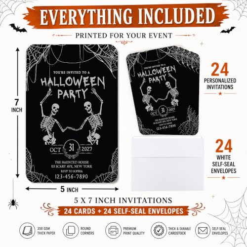 Personalized Halloween Party Invitations with Envelopes, 24 Pack - Thick 5x7 Spooky Skeletons & Cobweb Design