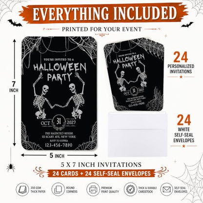Personalized Halloween Party Invitations with Envelopes, 24 Pack - Thick 5x7 Spooky Skeletons & Cobweb Design
