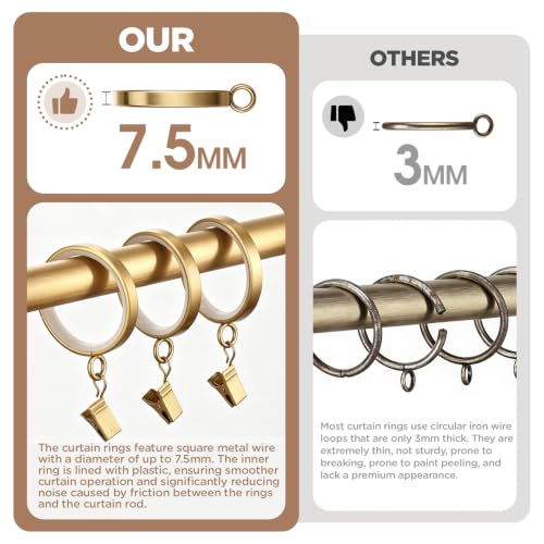 18 pcs Brushed Gold Curtain Rings with Clips, 1-5/8 Inch Quiet Drapery Rings