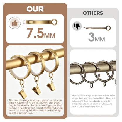 18 pcs Brushed Gold Curtain Rings with Clips, 1-5/8 Inch Quiet Drapery Rings
