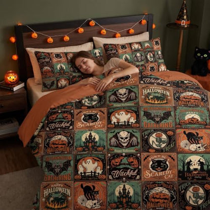 Halloween Bedding Duvet Cover Set Queen Size Bat Ghost Pumpkin - 3pcs - Tudomro