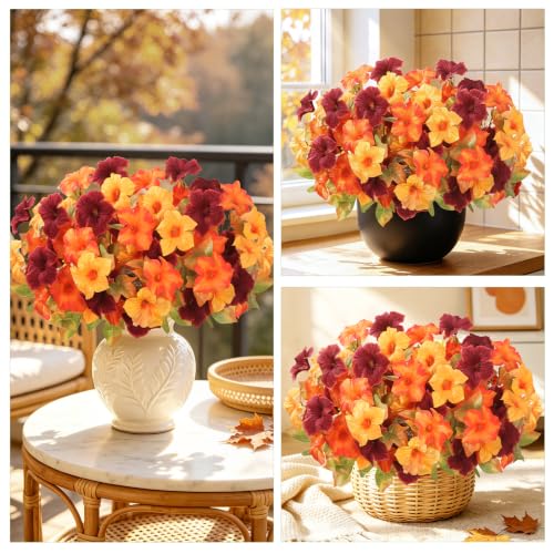 Artificial Petunias Flowers Set - Burgundy, Orange & Yellow, UV Resistant Outdoor