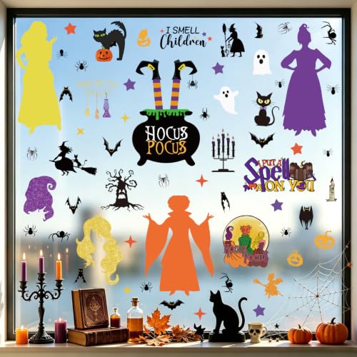 Hocus Pocus Window Clings Set - 9 Sheets, 70 Halloween Decals with Witch, Bats & Spiders - Variation of Hocus Pocus