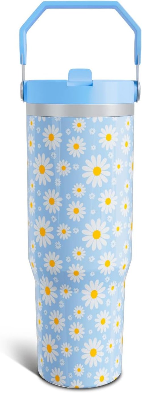 Daisy Gifts 30oz Stainless Steel Tumbler - Floral Design with Handle & Flip Straw | Perfect Gift for Women & Girls