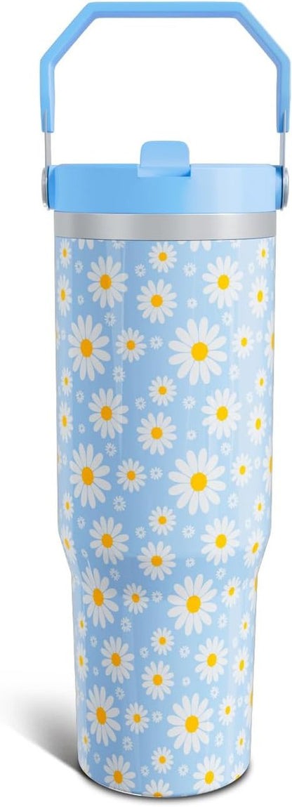 Daisy Gifts 30oz Stainless Steel Tumbler - Floral Design with Handle & Flip Straw | Perfect Gift for Women & Girls