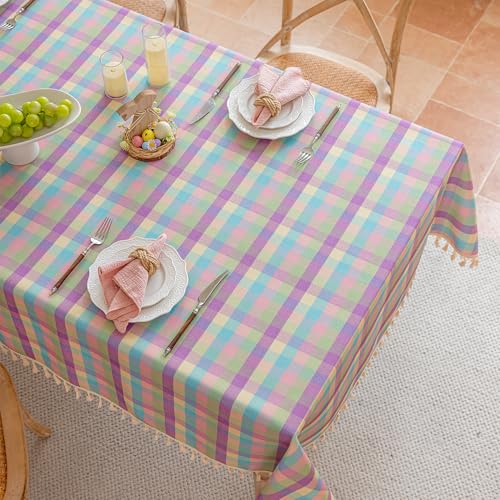 Easter Purple Buffalo Plaid Tablecloth with Tassels - 55x90 Inches, Cotton Linen Blend, Washable, Wrinkle-Free, Spring & Summer Dining Decor