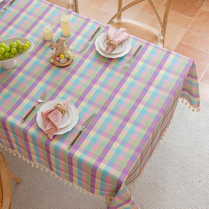 Easter Purple Buffalo Plaid Tablecloth with Tassels - 55x90 Inches, Cotton Linen Blend, Washable, Wrinkle-Free, Spring & Summer Dining Decor