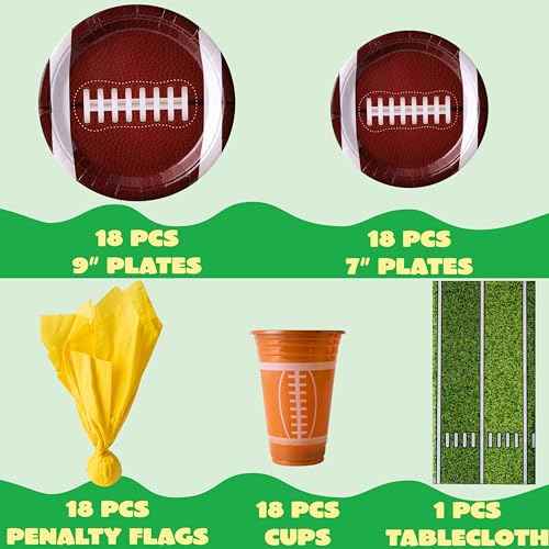 JOYIN 73 PCS Football Party Supplies, 18pcs 9''Plates, 18pcs 7''Plates, 18 Plastic Cups, 18 Napkins, Tablecloth Football Gameday Party Tableware Set for Birthday Party Decorations Serve 18