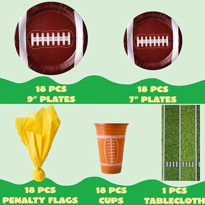JOYIN 73 PCS Football Party Supplies, 18pcs 9''Plates, 18pcs 7''Plates, 18 Plastic Cups, 18 Napkins, Tablecloth Football Gameday Party Tableware Set for Birthday Party Decorations Serve 18