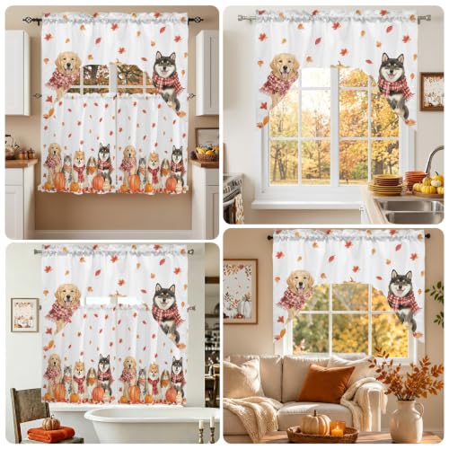 Autumn Fall Dogs Cats Kitchen Window Curtains Set 24 Inch Length - Orange Red White, 3 Piece Swag Valance and Tiers, Maple Leaves Thanksgiving Decor