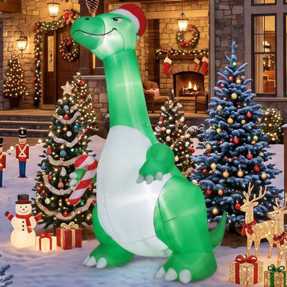 Green 12FT Christmas Inflatable Dinosaur with Santa Hat - Outdoor Holiday Decor