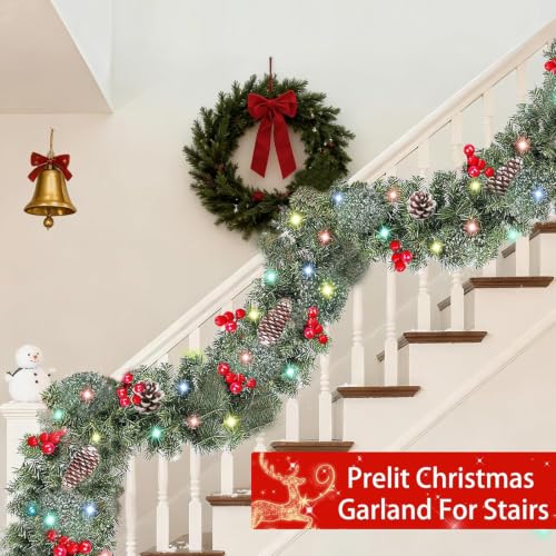 Prelit Christmas Garland with 50 LED Color Lights, Timer, 9Ft x 10In