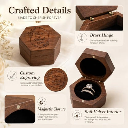 Wedding Day Ring Box with Custom Name & Date - Hexagon 3-Slot Design