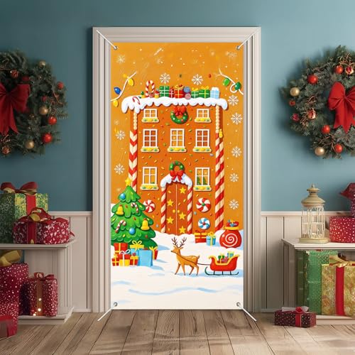 IVN Christmas Reindeer House Door Cover Banner - Classic Gingerbread Design 71 x 35 Inch