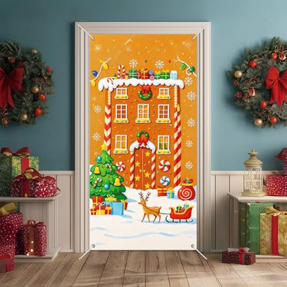 IVN Christmas Reindeer House Door Cover Banner - Classic Gingerbread Design 71 x 35 Inch