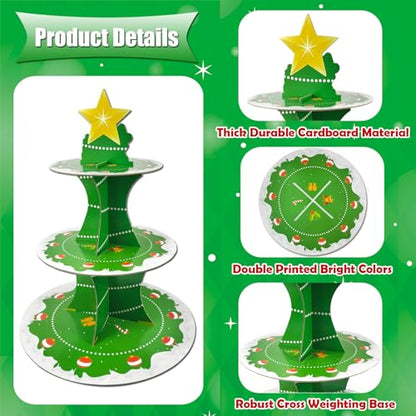 Christmas Dessert Cupcake Stand 3-Tier Green Cardboard Holder for Xmas Parties