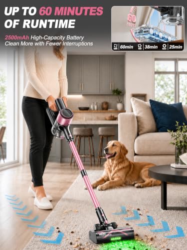 Pink Cordless Vacuum Cleaner, 50KPa Lightweight Stick Vacuum for Home Use