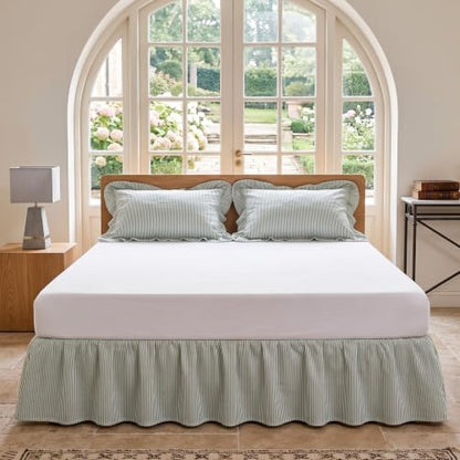 Tranqun Stripe Ruffled Bed Skirt Queen Size 16 Inch Drop Light Green
