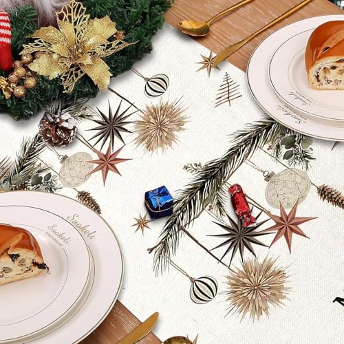 Beige Christmas Table Runner 13x72 Inches Holly Pine Cone Holiday Decor