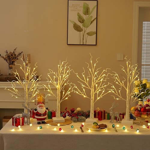 Lighted Birch Trees Set of 4 with Timer - 2FT Indoor Decorative LED Trees with USB or Battery Power, White Light for Holiday & Event Decor - Variation of 4 Pack 24LT White Birch
