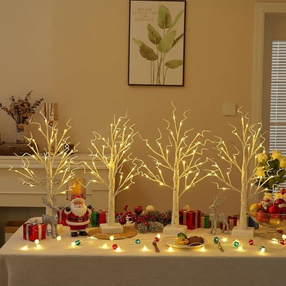 Lighted Birch Trees Set of 4 with Timer - 2FT Indoor Decorative LED Trees with USB or Battery Power, White Light for Holiday & Event Decor - Variation of 4 Pack 24LT White Birch