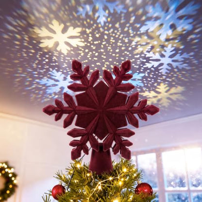 Burken Red Velvet Christmas Tree Topper with LED Snowflake Projector - Elegant Holiday Decor