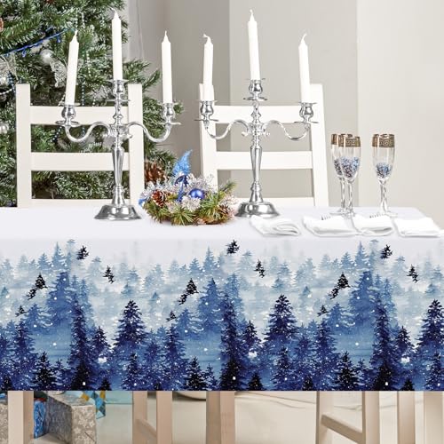 Waterproof Christmas Tablecloth 60x104 Inch Winter Forest Decor Blue