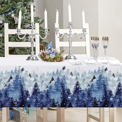 Waterproof Christmas Tablecloth 60x104 Inch Winter Forest Decor Blue