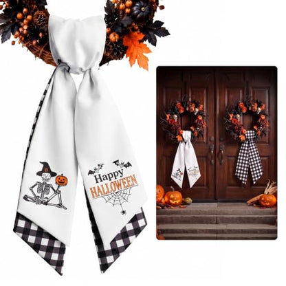 Halloween Separable Wreath Sash Set - White & Black Ribbon for Front Door Decor