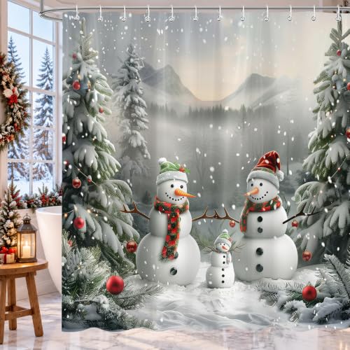 Winter Snowman Shower Curtain - 72x72 Inch Holiday Bathroom Decor with 12 Hooks - Snowman Design, Waterproof Polyester