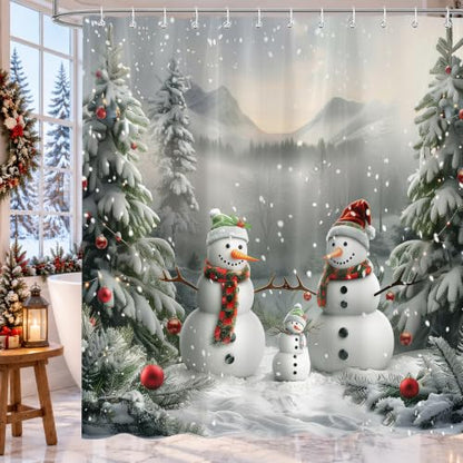 Winter Snowman Shower Curtain - 72x72 Inch Holiday Bathroom Decor with 12 Hooks - Snowman Design, Waterproof Polyester