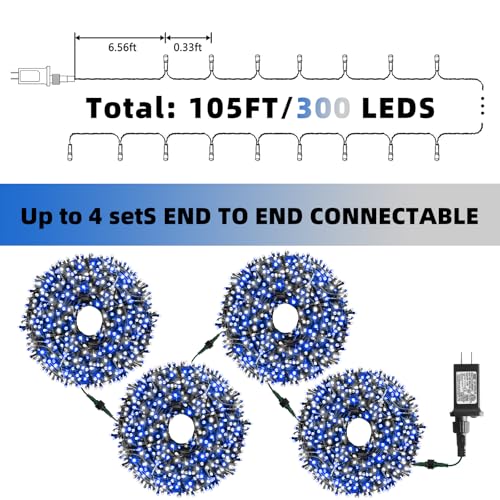 Blue White 105ft LED Christmas String Lights, 300 Bulbs, Indoor Outdoor