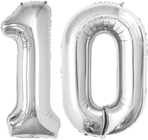GOER Jumbo Number 10 Balloons - 42 Inch Silver Foil Helium Balloons for 10th Birthday & Anniversary Celebrations