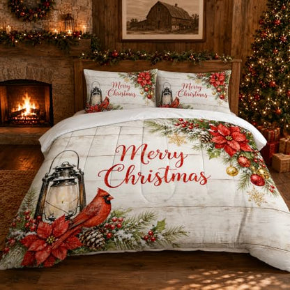 Christmas Comforter Set Twin Bedspread Rustic Bird Red Cardinal 17-02