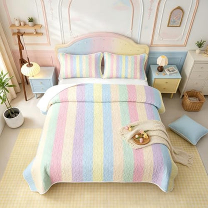 Manfei Colorful Striped Quilted Coverlet Set Twin Size - Microfiber Lightweight Bedding for Kids & Girls, Dreamy Rainbow Lines, 2 Pieces with Pillow Sham