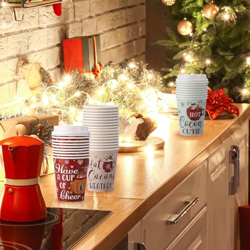 Disposable Christmas Paper Cups with Lids - 8 oz Hot Cocoa Style, 120 Pack