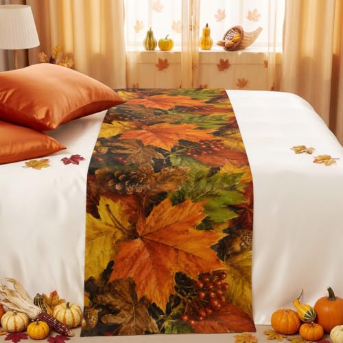 102x20 Inch Fall Maple Leaves Bed Runner for California King Bed Orange Green Brown