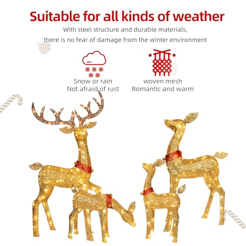 Outdoor Reindeer Family Christmas Decorations Set with 245 LED Lights - Gold