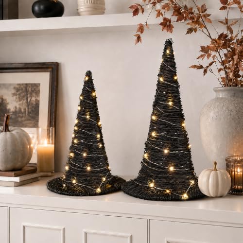 Halloween Rattan Witch Hat Decor with String Lights - 2 Pieces Table Centerpieces