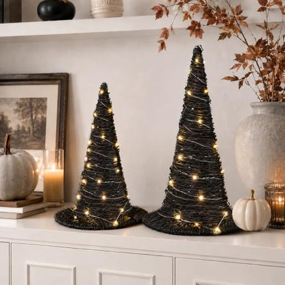 Halloween Rattan Witch Hat Decor with String Lights - 2 Pieces Table Centerpieces