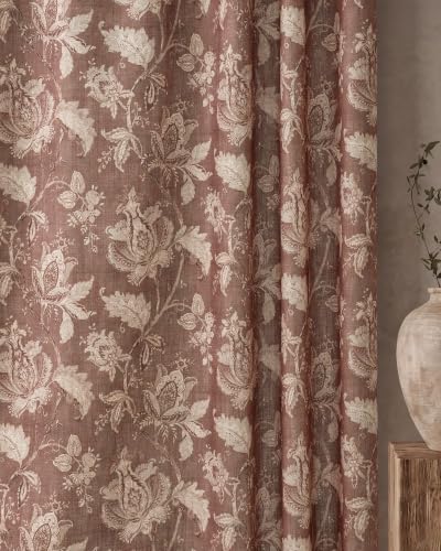 Terracotta Floral Linen Curtains 84 inches - Pack of 2, 52"W x 84"L