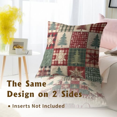 Christmas Tree Outdoor Pillow Covers 18x18 Set of 2 - Patchwork & Plaid Design