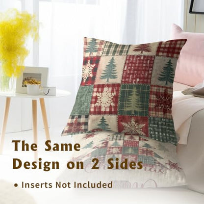 Christmas Tree Outdoor Pillow Covers 18x18 Set of 2 - Patchwork & Plaid Design