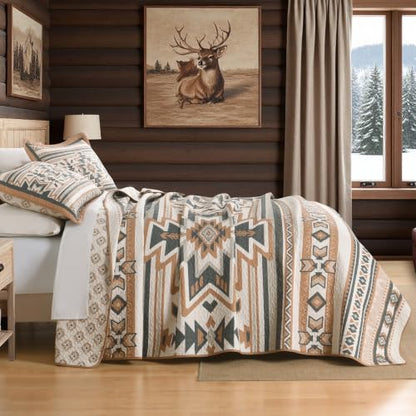 Queen Size Cotton Quilt Set with 2 Pillow Shams - Brown/Charcoal/Cream
