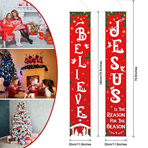 Religious Christmas Porch Banner - Nativity Scene Believe Jesus Tree