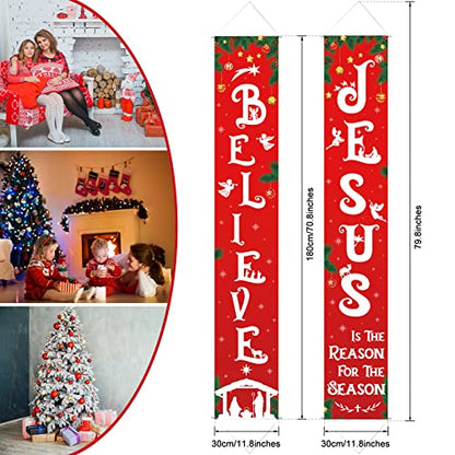 Religious Christmas Porch Banner - Nativity Scene Believe Jesus Tree