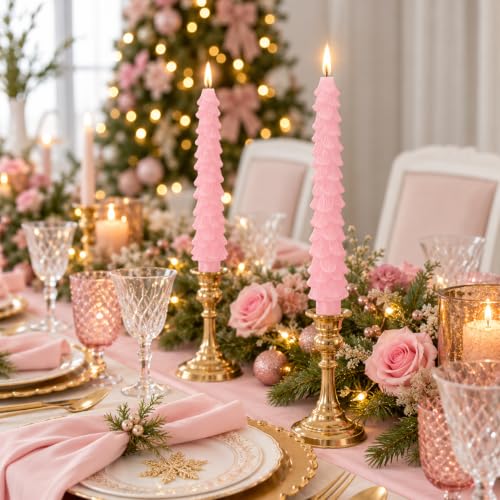 Pink Christmas Tree Candles Set of 2 - 10 Inch Tree-Shaped Taper Candles