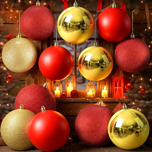 Large Christmas Ball Ornaments Set - Red & Gold 4 Inch, 12 Pack - Shatterproof & Textured