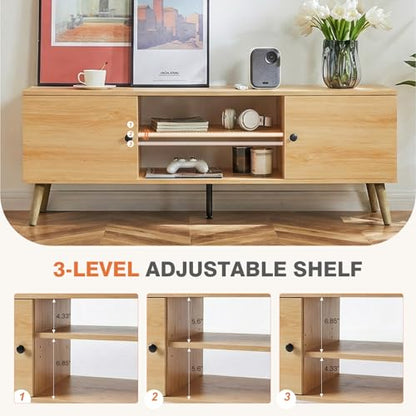Wood TV Stand for 55-60 Inch TVs with Storage and Adjustable Feet